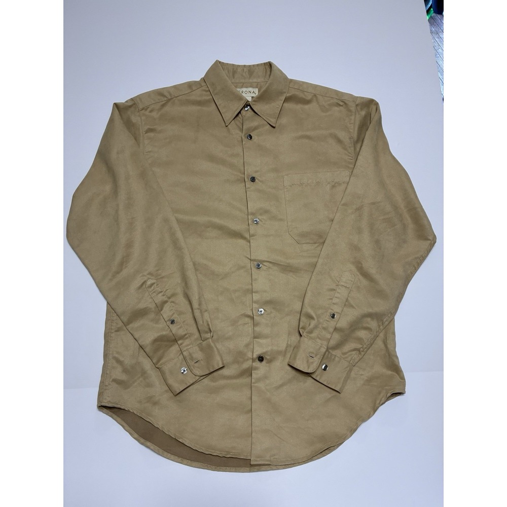 Merona Mens M Tan Faux Suede Shirt Long Sleeve Button Up 100% Polyester